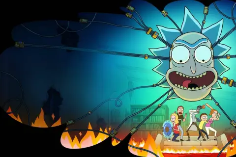 Rick y Morty temporada 8: La familia Smith se enfrenta a un Rick gigante en llamas, listo para una nueva aventura interdimensional.