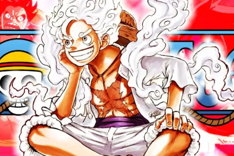 Luffy en su forma Gear 5, con cabello blanco y sonrisa radiante, rodeado de símbolos de One Piece. Muestra sus increíbles transformaciones.