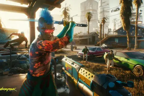 Un personaje con cresta azul y tatuajes florales empuña una katana, listo para la acción en este **guía Cyberpunk 2077**. Otros luchadores y coches futuristas completan la escena.
