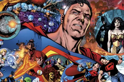 Superman, Batman, Wonder Woman y otros héroes luchan contra la crisis en tierras infinitas, un orden cósmico en peligro.