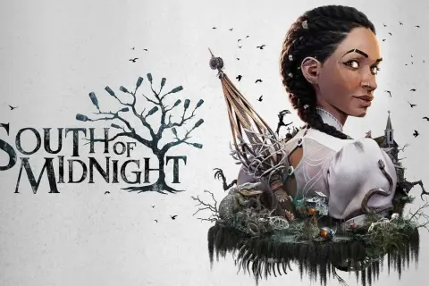 El título "South of Midnight" junto a una mujer con trenzas, un cocodrilo, esqueletos y una iglesia sombría.
