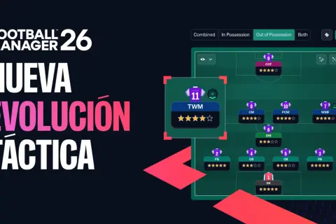 Football Manager 2026: Nueva Evolución Táctica. Pantalla de tácticas con formación de jugadores y roles.