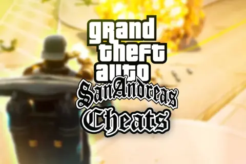 El logo de Grand Theft Auto San Andreas Cheats sobre una explosión y un personaje. ¡Descubre los trucos de GTA San Andreas en Switch!