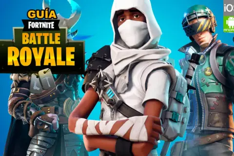 Guía de Fortnite Battle Royale con trucos para dominar el juego. Personajes con atuendos únicos y logos de plataformas disponibles.