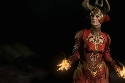 Hechicera con cuernos y armadura roja, conjurando fuego. Un libro antiguo flota cerca. build hechicero diablo 4.