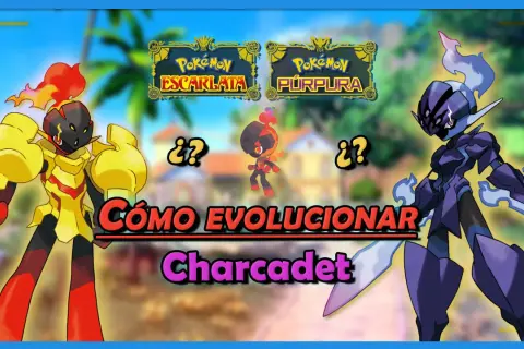 Charcadet evolucion: dos Pokémon armados, uno amarillo y otro morado, flanquean a su forma base.