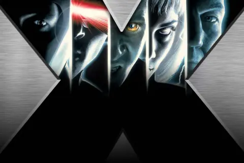 Los rostros de los X-Men, incluyendo a Cíclope disparando su rayo óptico, se muestran en un diseño con la letra "X".