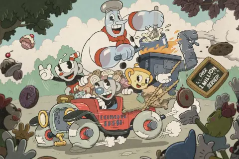 Cuphead y Mugman en su coche de reparto, ¡listos para más juegos cooperativos PS5! Un chef gigante prepara dulces mientras un cartel anuncia "Más de 1 millón servidos".