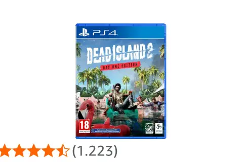 Caja del videojuego Dead Island 2 para PS4, edición Day One. Un personaje descansa en una piscina con un flamenco rosa, rodeado de palmeras.