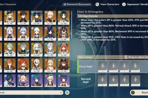 Selección de personajes para una Genshin Impact tier list, mostrando héroes de nivel 90 y la configuración de equipo.
