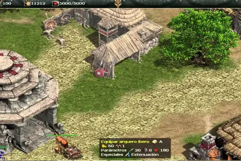 Un asentamiento en Imperium 3, con un templo de piedra, casas de paja y un árbol frondoso. ¡Descubre trucos para dominar el juego!
