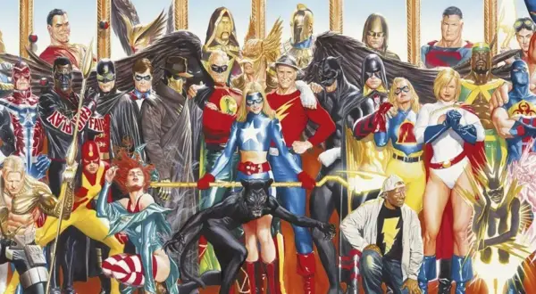 Un grupo diverso de superhéroes, incluyendo a Superman y Shazam, posan juntos. Representan la fuerza y la unidad de la sociedad de la justicia.