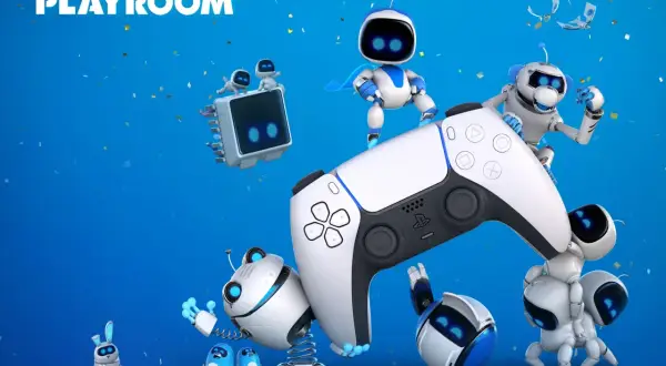Astro y sus amigos celebran con confeti, rodeando un control de PS5. ¡Una imagen divertida para tus juegos gratis PS5!