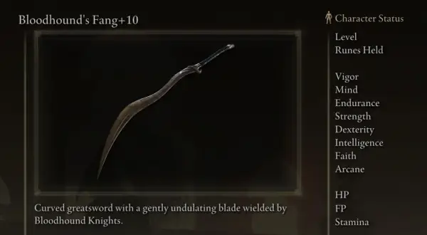 Fang de Bloodhound +10, una de las mejores armas de Elden Ring. Espada curva con hoja ondulante.