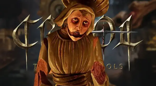 Una figura de marioneta con rostro macabro y vestimenta dorada, rodeada por el logo de "CRISOL THEATER OF IDOLS" con espadas ensangrentadas.