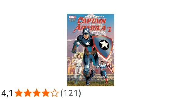 Portada del cómic "Captain America" de Steve Rogers, con él y otros héroes corriendo frente a un edificio gubernamental.