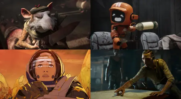 Un ratón con cuchillo, un robot sirviendo vino, una astronauta y un hombre enigmático. Escenas de **amor, muerte y robots**.
