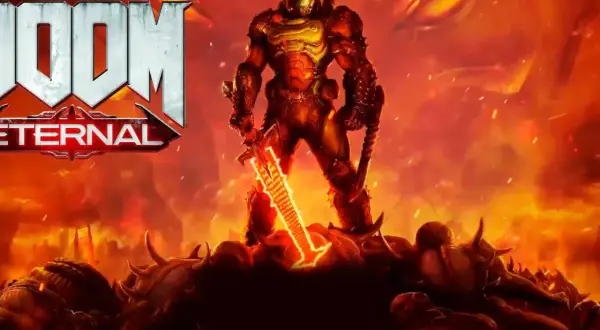 La **guía Doom Eternal** muestra al Slayer con su espada de energía sobre un montón de demonios, con un ojo infernal al fondo.