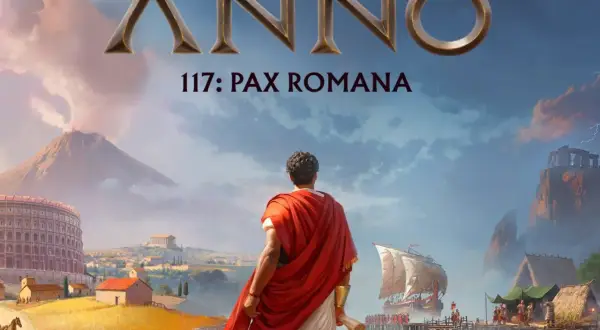 Un hombre con toga mira un paisaje que evoca el anno 117 pax romana, con un coliseo, un volcán y un asentamiento costero.