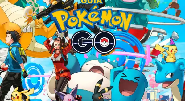 Guía Pokémon GO: Entrenadores y Pokémon como Pikachu, Dragonite, Venusaur y Lapras celebran. ¡Atrápalos a todos!