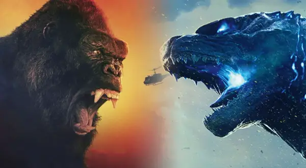Kong y Godzilla se enfrentan en una batalla épica. Un helicóptero sobrevuela la escena.