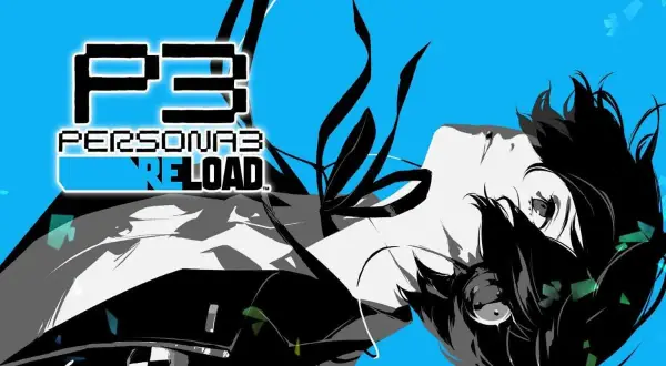 El logo de Persona 3 Reload con un personaje anime de pelo negro mirando hacia arriba.