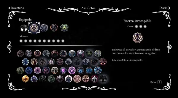 Inventario de amuletos de Grimm Hollow Knight. Se muestra el amuleto "Fuerza irrompible" equipado, que aumenta el daño del aguijón.
