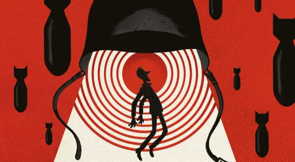 Silueta de hombre bajo casco militar, rodeado de bombas. Una imagen impactante que evoca las mejores novelas gráficas de guerra.
