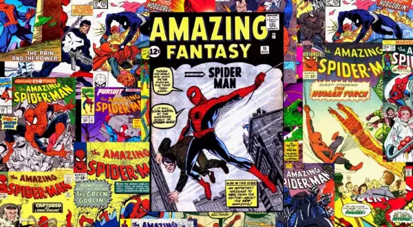 Collage de **comic spiderman viñetas** con el héroe en acción, enfrentando villanos y salvando el día en diversas portadas clásicas.