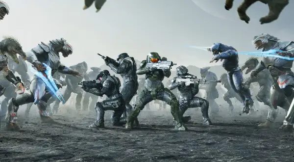 Soldados de Halo en combate contra alienígenas, con un planeta al fondo.