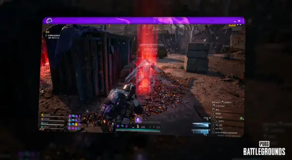 Jugador de PUBG PC en combate contra un enemigo con un rayo rojo. El escenario es desolado y lleno de escombros.