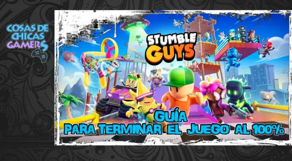 Personajes de Stumble Guys compiten en una carrera de obstáculos con el logo del juego y texto "Guía para terminar el juego al 100%".