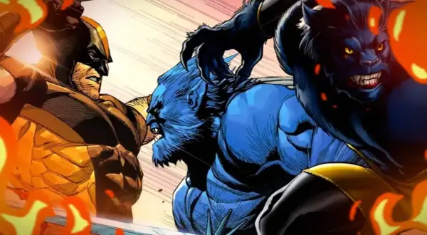 Wolverine y la bestia X-Men se enfrentan en una batalla épica, rodeados de llamas.
