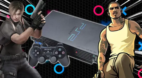 Leon S. Kennedy y CJ de GTA San Andreas junto a una PlayStation 2, evocando los mejores juegos PS2.