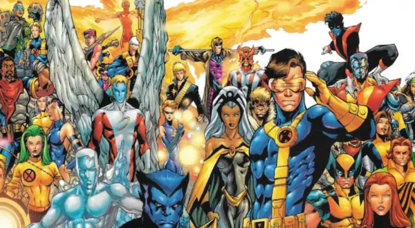 Un grupo diverso de mutantes de X-Men Marvel, incluyendo a Cíclope, Tormenta, Lobezno y Bestia, se preparan para la batalla.