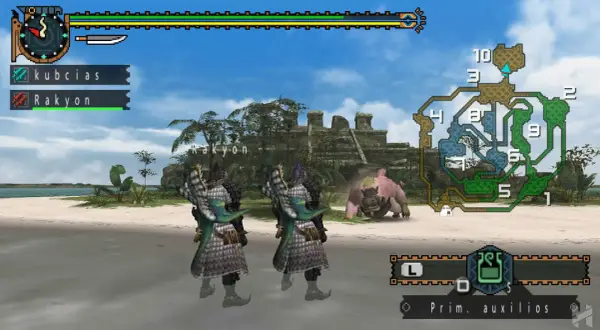 Dos cazadores se preparan para la batalla contra un monstruo rosado en una playa tropical, con ruinas antiguas al fondo. ¡Una escena clásica de Monster Hunter PSP!
