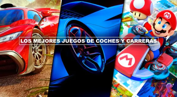 Los mejores juegos de coches PC: un superdeportivo rojo, un coche azul futurista y Mario Kart.
