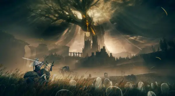 Un caballero a caballo avanza por un campo de tumbas hacia un castillo imponente bajo un árbol gigante. Una escena épica de juegos de rol pc.