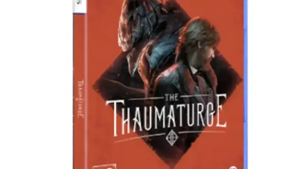 El juego "The Thaumaturge" muestra a un hombre con un traje oscuro y una criatura sombría detrás de él, con un fondo rojo vibrante.