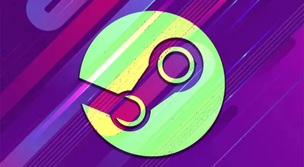 El logo de Steam en colores vibrantes sobre un fondo morado con líneas diagonales. ¡Ideal para encontrar juegos gratis en Steam!