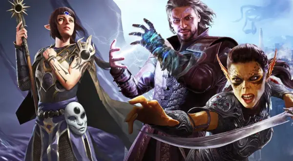Tres personajes de fantasía, un hombre con magia y dos mujeres, preparándose para la batalla. Una guía de Baldur's Gate 3.