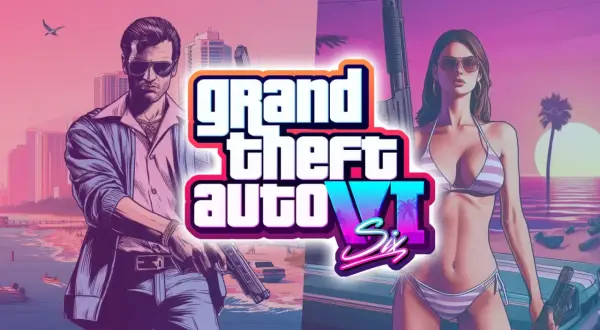 El arte promocional de GTA 6 muestra a un hombre con gafas de sol y una mujer en bikini, ambos armados, con un paisaje de ciudad y playa de fondo.