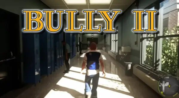 El pasillo de una escuela con casilleros azules y el título "BULLY II". Un estudiante camina hacia la cámara.