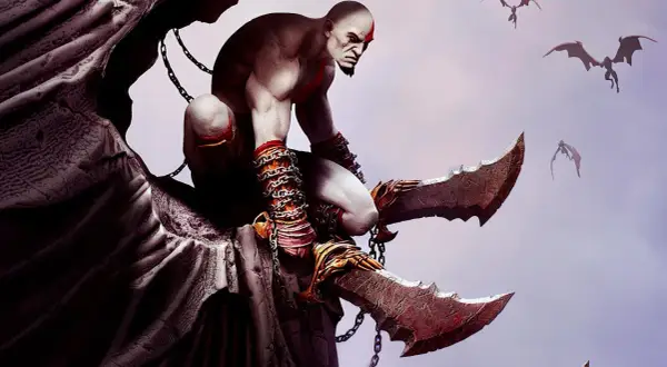 Kratos, el dios de la guerra, se agazapa con sus espadas del caos. Criaturas aladas vuelan en el cielo.