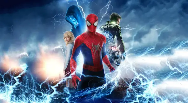 Spider-Man, Gwen Stacy, Electro y Green Goblin en una tormenta eléctrica. El arte de the amazing spider-man comic es épico.