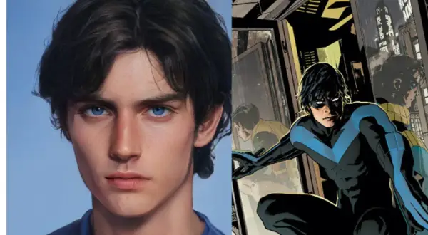 Retrato de Dick Grayson con ojos azules intensos y una imagen de él como Nightwing en acción.