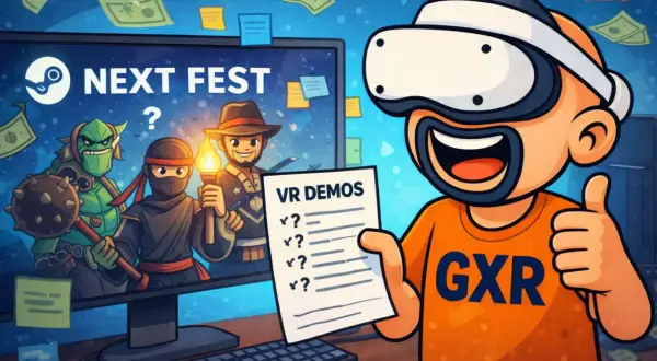 Un entusiasta de la RV con gafas y una lista de "VR DEMOS" celebra el Steam Next Fest. Personajes de juegos en pantalla.
