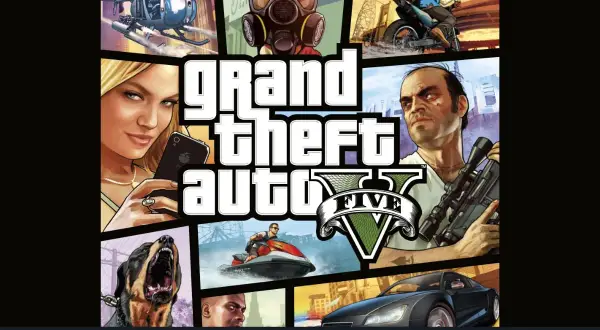 Portada de GTA V con personajes y vehículos. Descubre trucos GTA 5 PC para dominar Los Santos.