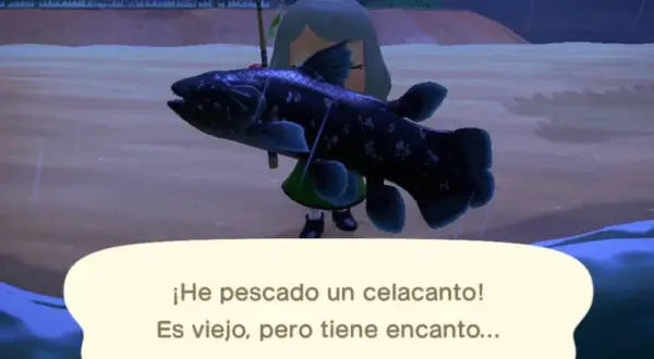 Un jugador de Animal Crossing: New Horizons pesca un celacanto, un pez antiguo y fascinante.