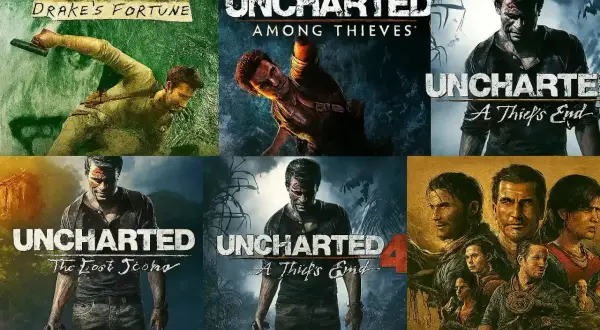 Collage de portadas de la saga Uncharted, mostrando a Nathan Drake en diversas aventuras.